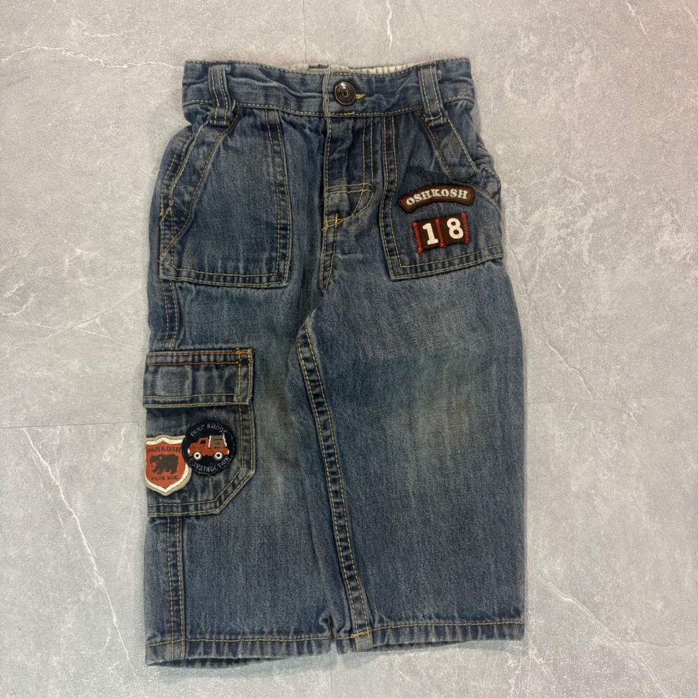 OshKosh Bgosh Boys Blue Denim Cargo Shorts Construction Patches 12 Months